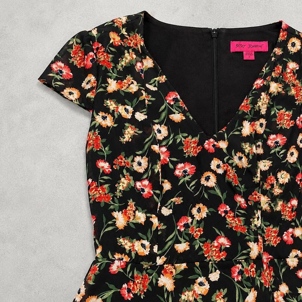 Betsey Johnson Black Floral Fit & Flare Mini Dress Cottagecore Size 2 - Picture 3 of 5